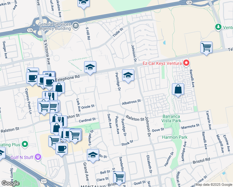 map of restaurants, bars, coffee shops, grocery stores, and more near 1407 East Drive in Ventura