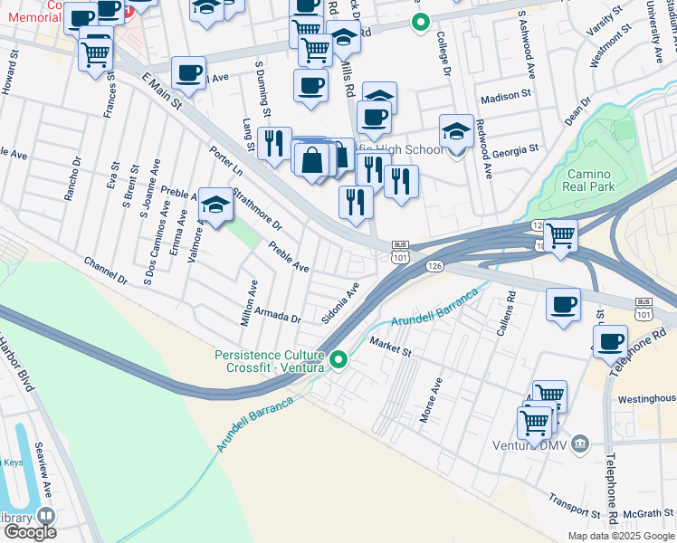 map of restaurants, bars, coffee shops, grocery stores, and more near 623 Kirk Avenue in Ventura