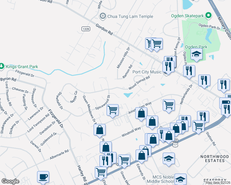 map of restaurants, bars, coffee shops, grocery stores, and more near 6749-6789 Wood Sorrell Road in Wilmington