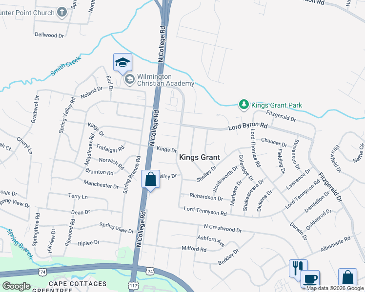 map of restaurants, bars, coffee shops, grocery stores, and more near 1214 Kings Grant Road in Wilmington