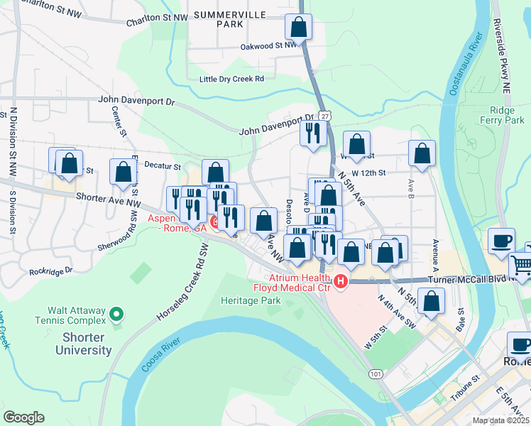 map of restaurants, bars, coffee shops, grocery stores, and more near 1005 North 2nd Avenue Northwest in Rome