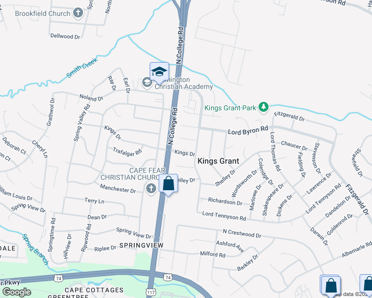 map of restaurants, bars, coffee shops, grocery stores, and more near 4813 Kings Drive in Wilmington