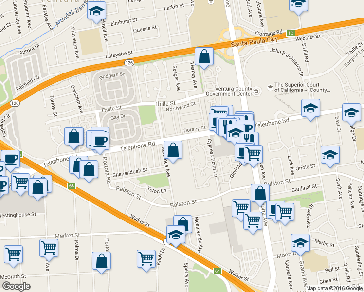 map of restaurants, bars, coffee shops, grocery stores, and more near 1300 Saratoga Avenue in Ventura