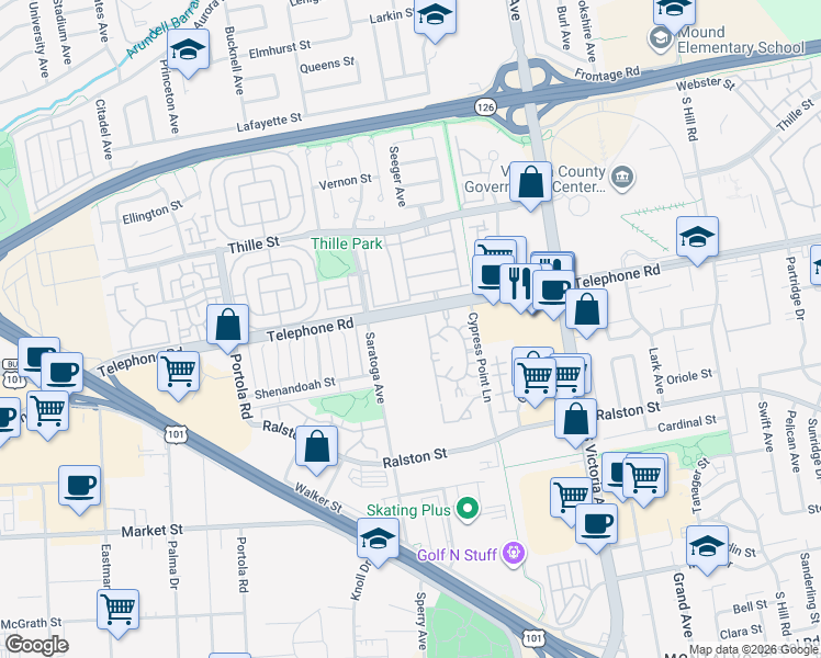 map of restaurants, bars, coffee shops, grocery stores, and more near 1300 Saratoga Avenue in Ventura