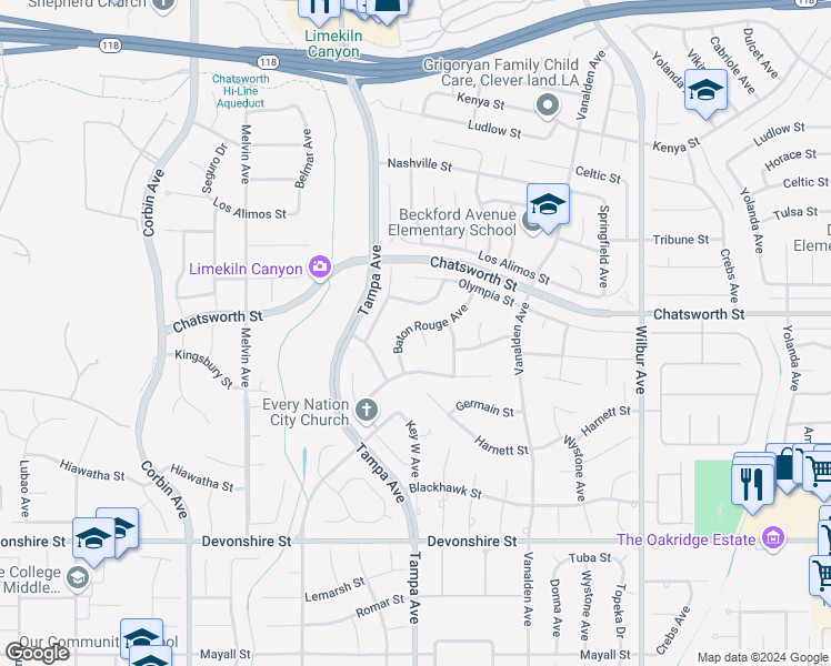 map of restaurants, bars, coffee shops, grocery stores, and more near 10651 Baton Rouge Place in Los Angeles