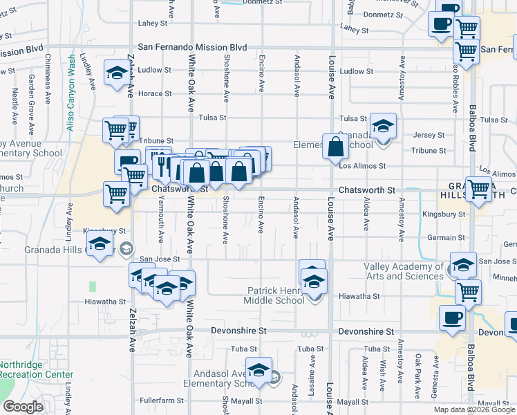 map of restaurants, bars, coffee shops, grocery stores, and more near 17436 Chatsworth Street in Los Angeles
