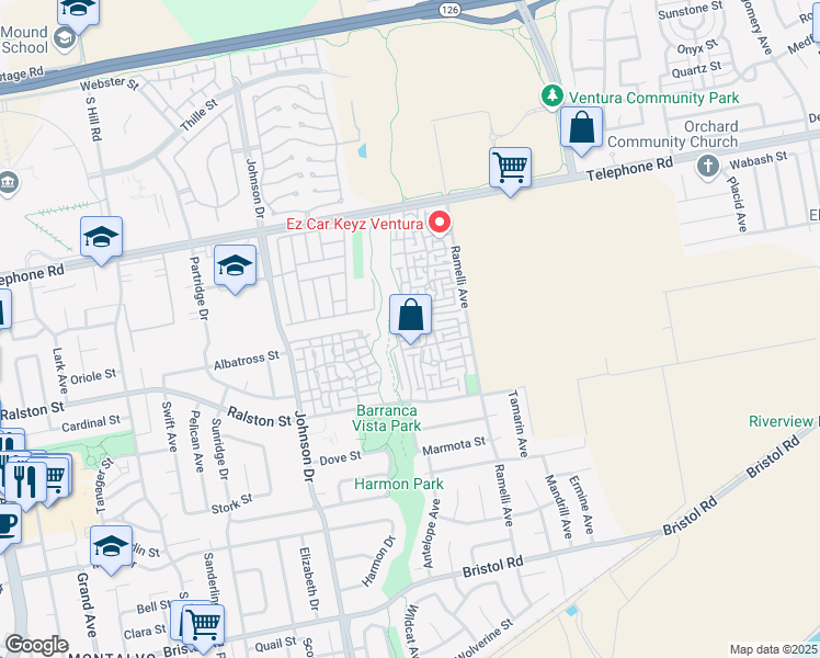 map of restaurants, bars, coffee shops, grocery stores, and more near 1530 Eland Lane in Ventura
