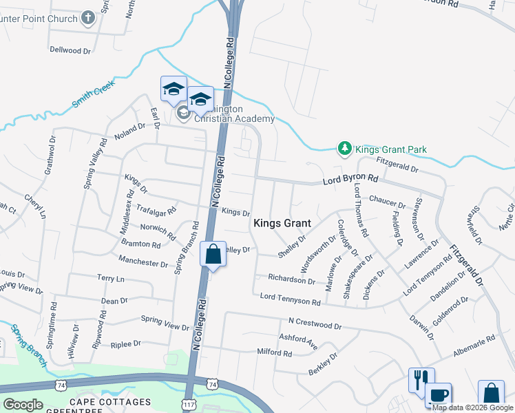 map of restaurants, bars, coffee shops, grocery stores, and more near 1214 Kings Grant Road in Wilmington