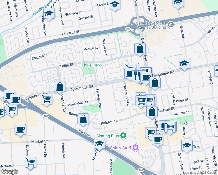 map of restaurants, bars, coffee shops, grocery stores, and more near 1300 Saratoga Avenue in Ventura