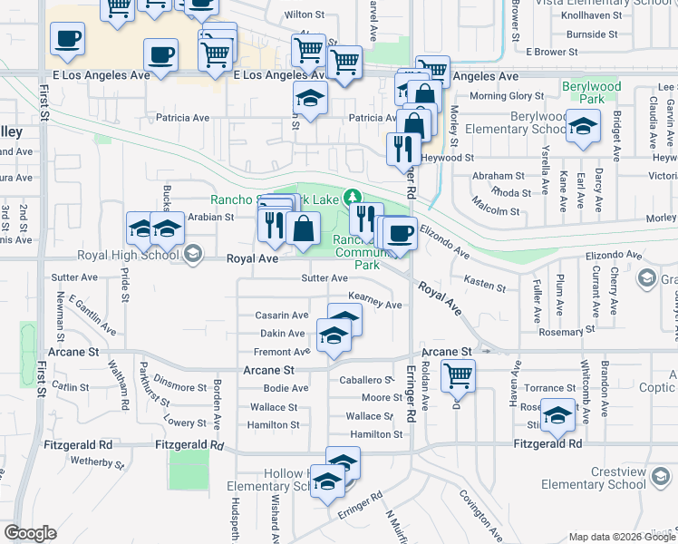 map of restaurants, bars, coffee shops, grocery stores, and more near 1711 Royal Avenue in Simi Valley