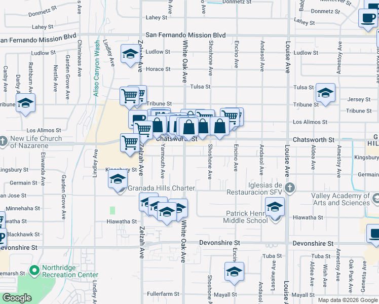 map of restaurants, bars, coffee shops, grocery stores, and more near 17656 Chatsworth Street in Los Angeles