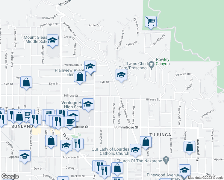map of restaurants, bars, coffee shops, grocery stores, and more near 10726 Helendale Avenue in Los Angeles