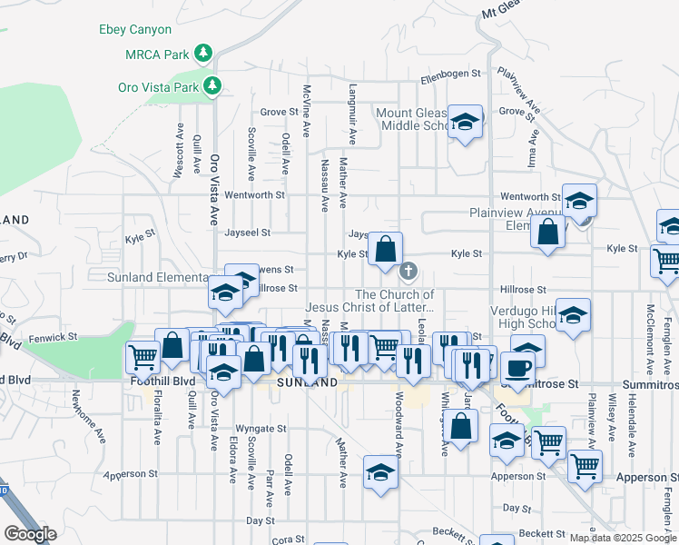 map of restaurants, bars, coffee shops, grocery stores, and more near 10723 Mather Avenue in Los Angeles