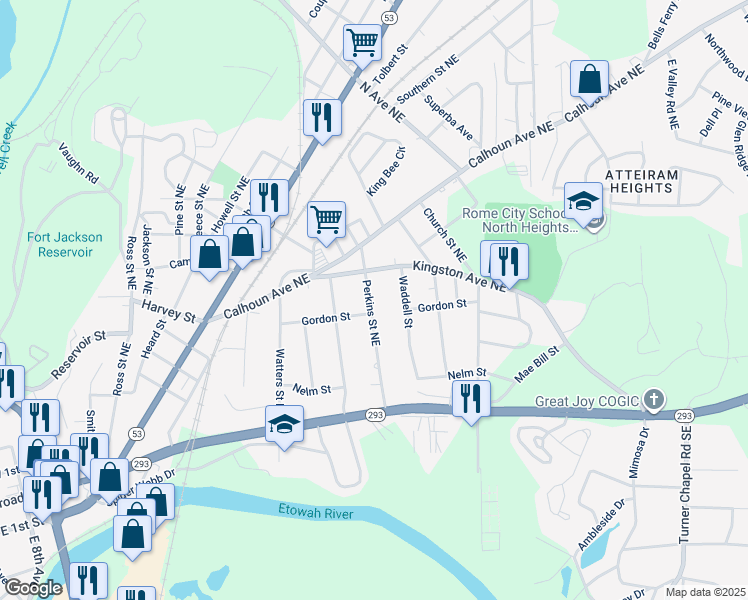 map of restaurants, bars, coffee shops, grocery stores, and more near 304 Perkins Street Northeast in Rome