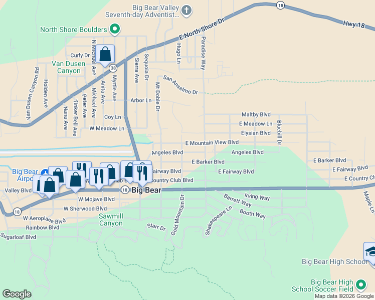 map of restaurants, bars, coffee shops, grocery stores, and more near 309 Angeles Boulevard in Big Bear