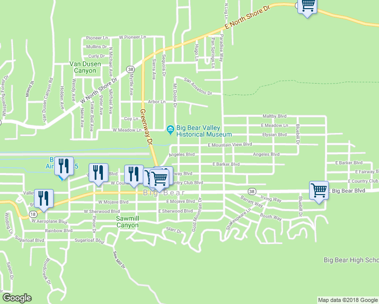 map of restaurants, bars, coffee shops, grocery stores, and more near 221 Angeles Boulevard in Big Bear