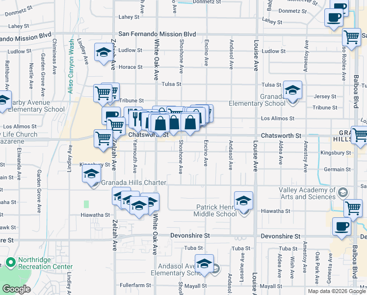map of restaurants, bars, coffee shops, grocery stores, and more near 17604 Chatsworth Street in Los Angeles