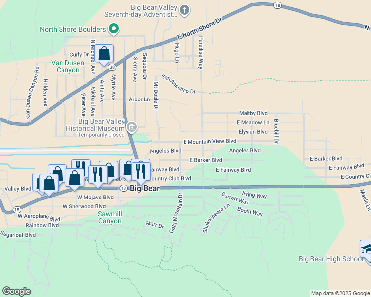 map of restaurants, bars, coffee shops, grocery stores, and more near 325 East Mountain View Boulevard in Big Bear