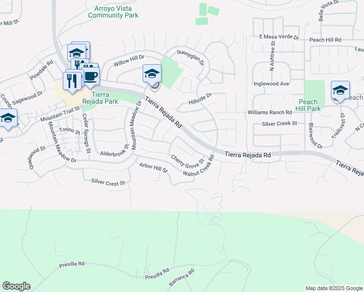 map of restaurants, bars, coffee shops, grocery stores, and more near 12441 Beechgrove Court in Moorpark