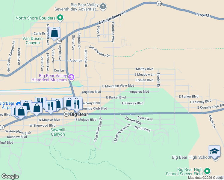 map of restaurants, bars, coffee shops, grocery stores, and more near 339 Angeles Boulevard in Big Bear