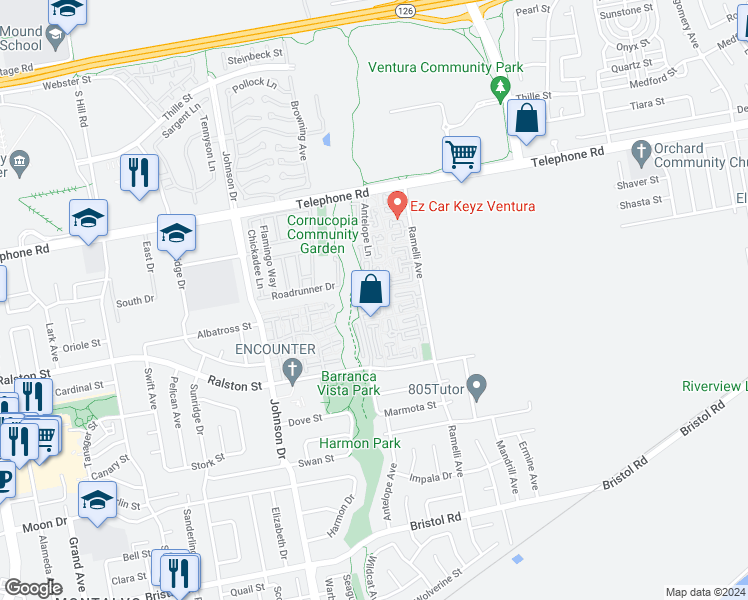 map of restaurants, bars, coffee shops, grocery stores, and more near 1528 Eland Lane in Ventura