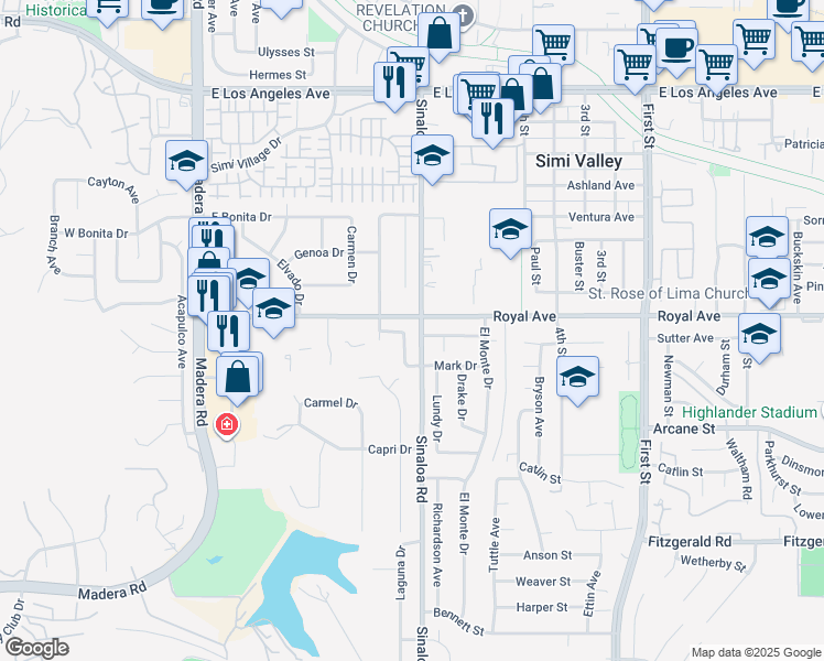 map of restaurants, bars, coffee shops, grocery stores, and more near 459 Mark Drive in Simi Valley