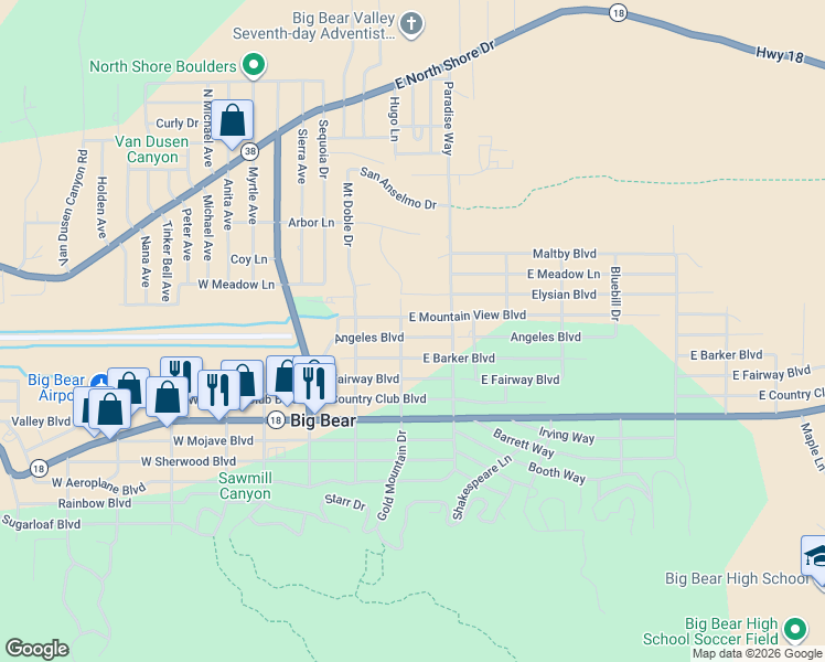 map of restaurants, bars, coffee shops, grocery stores, and more near 309 Angeles Boulevard in Big Bear