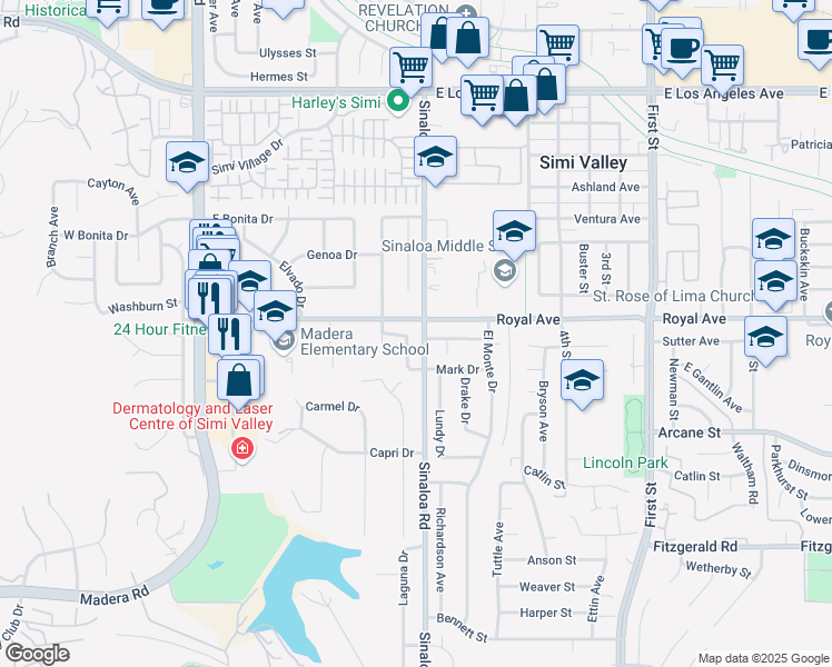 map of restaurants, bars, coffee shops, grocery stores, and more near 459 Mark Drive in Simi Valley