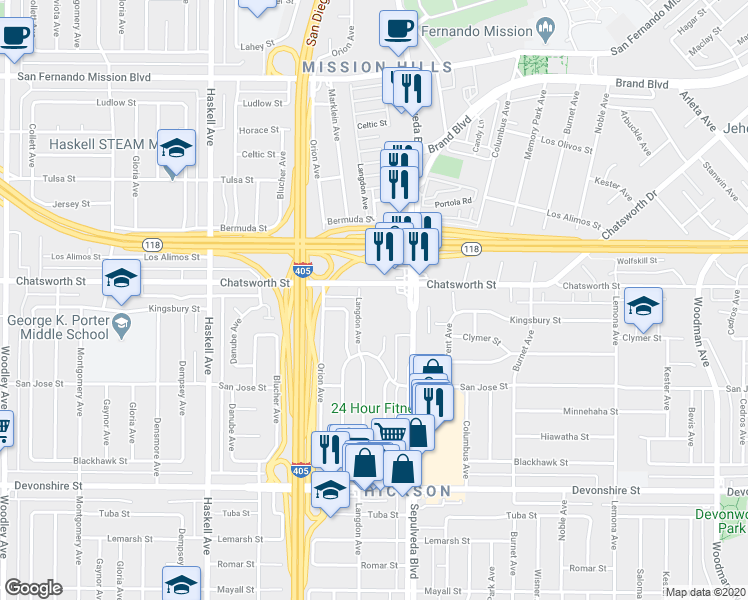 map of restaurants, bars, coffee shops, grocery stores, and more near 15421 Chatsworth Street in Los Angeles
