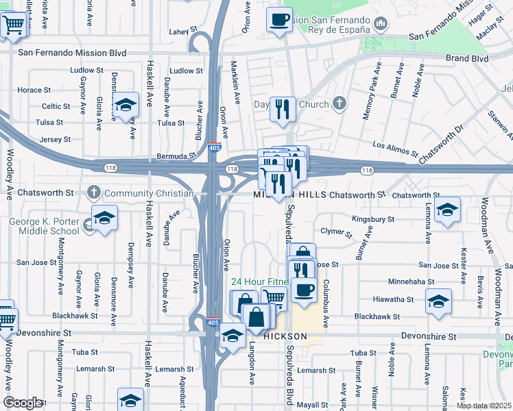 map of restaurants, bars, coffee shops, grocery stores, and more near 15510 Chatsworth Street in Los Angeles
