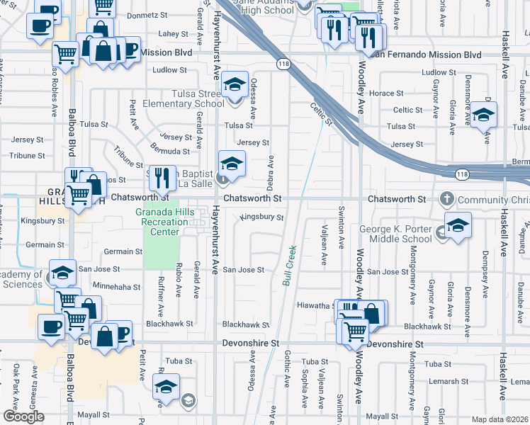 map of restaurants, bars, coffee shops, grocery stores, and more near 16450 Chatsworth Street in Los Angeles