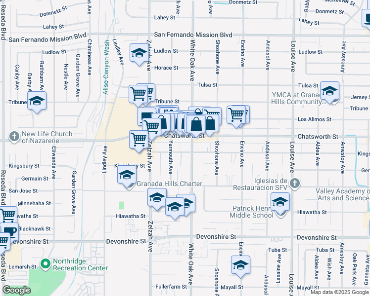 map of restaurants, bars, coffee shops, grocery stores, and more near 17734 Chatsworth Street in Los Angeles
