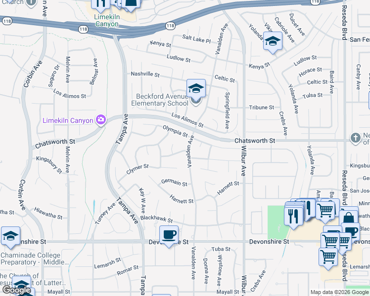 map of restaurants, bars, coffee shops, grocery stores, and more near 10670 Vanalden Avenue in Los Angeles