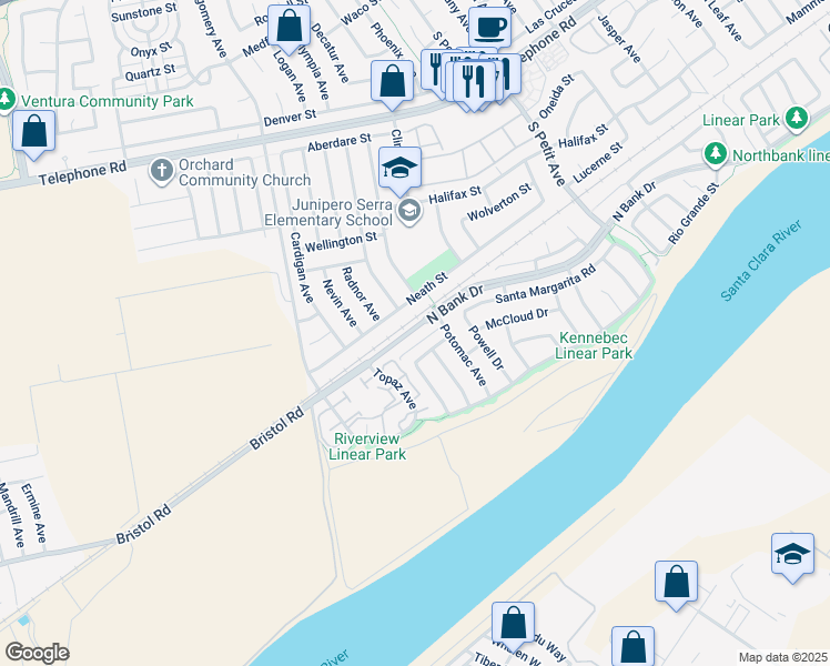 map of restaurants, bars, coffee shops, grocery stores, and more near 8814 Neath Street in Ventura