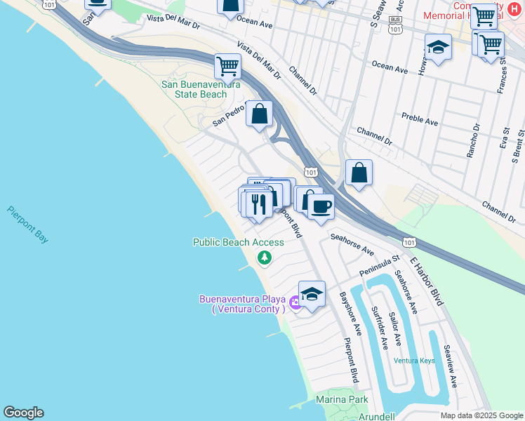 map of restaurants, bars, coffee shops, grocery stores, and more near 1073 Bath Lane in Ventura