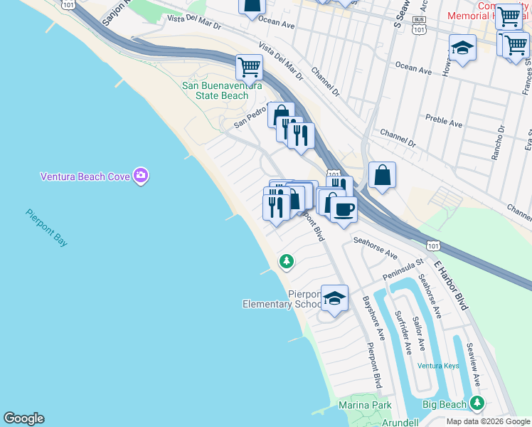 map of restaurants, bars, coffee shops, grocery stores, and more near 1073 Bath Lane in Ventura