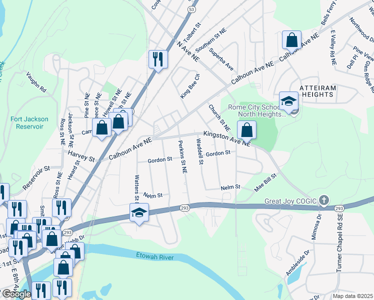 map of restaurants, bars, coffee shops, grocery stores, and more near 304 Perkins Street Northeast in Rome