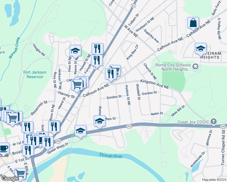 map of restaurants, bars, coffee shops, grocery stores, and more near 311 Chambers Street Northeast in Rome