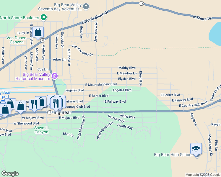 map of restaurants, bars, coffee shops, grocery stores, and more near 457 Angeles Boulevard in Big Bear