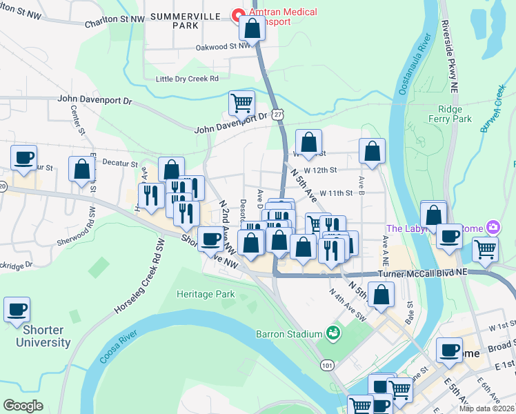 map of restaurants, bars, coffee shops, grocery stores, and more near 304 McDonald Street Northwest in Rome