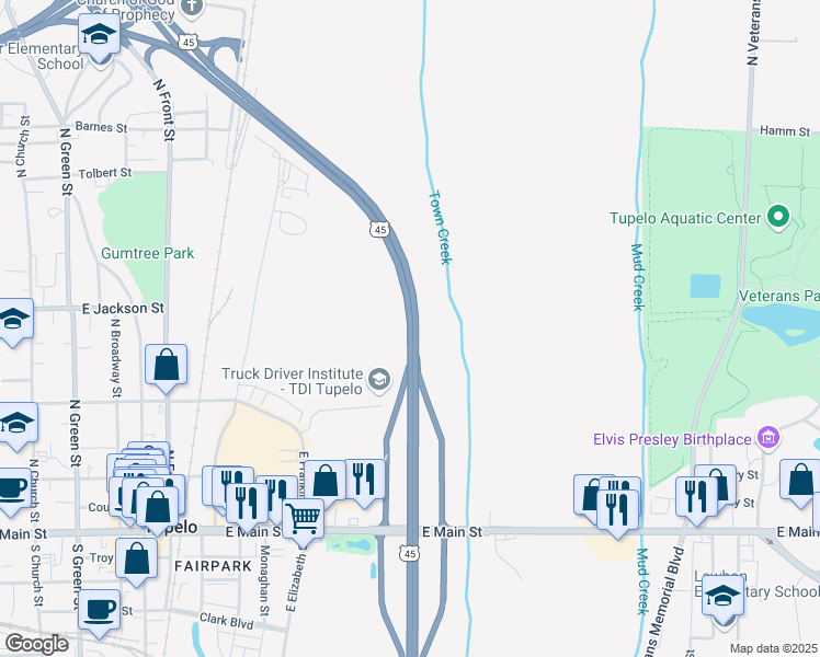 map of restaurants, bars, coffee shops, grocery stores, and more near U.S. 45 in Tupelo