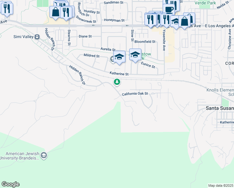 map of restaurants, bars, coffee shops, grocery stores, and more near 1389 Hidden Ranch Drive in Simi Valley