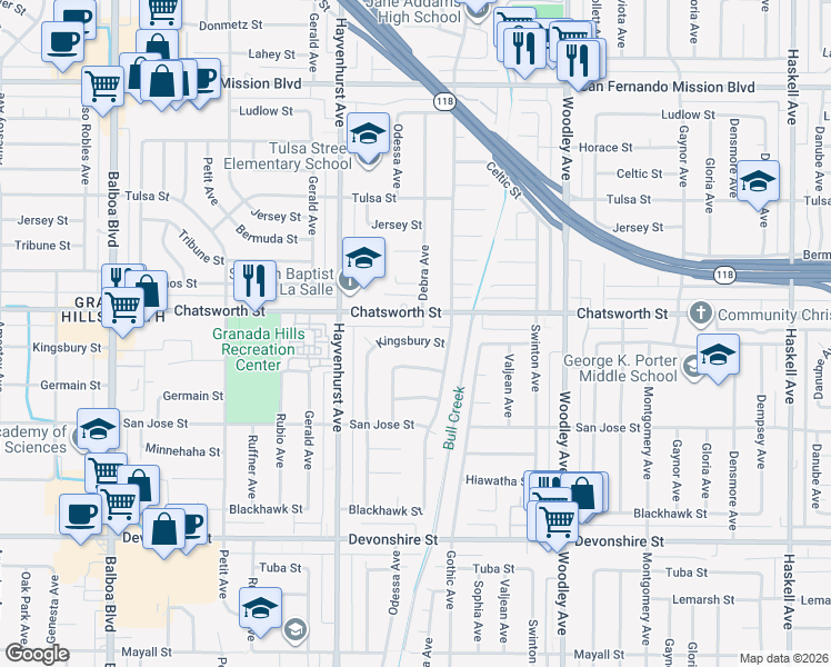 map of restaurants, bars, coffee shops, grocery stores, and more near 16450 Chatsworth Street in Los Angeles