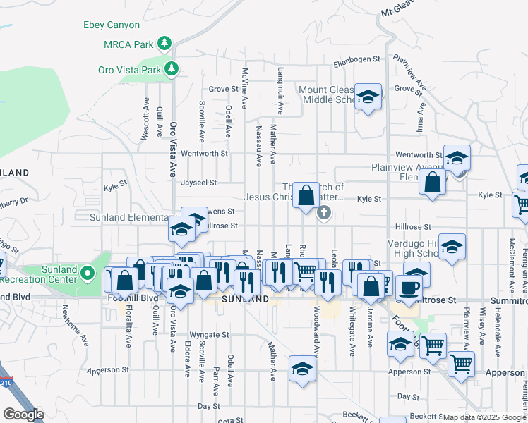 map of restaurants, bars, coffee shops, grocery stores, and more near 10724 Nassau Avenue in Los Angeles