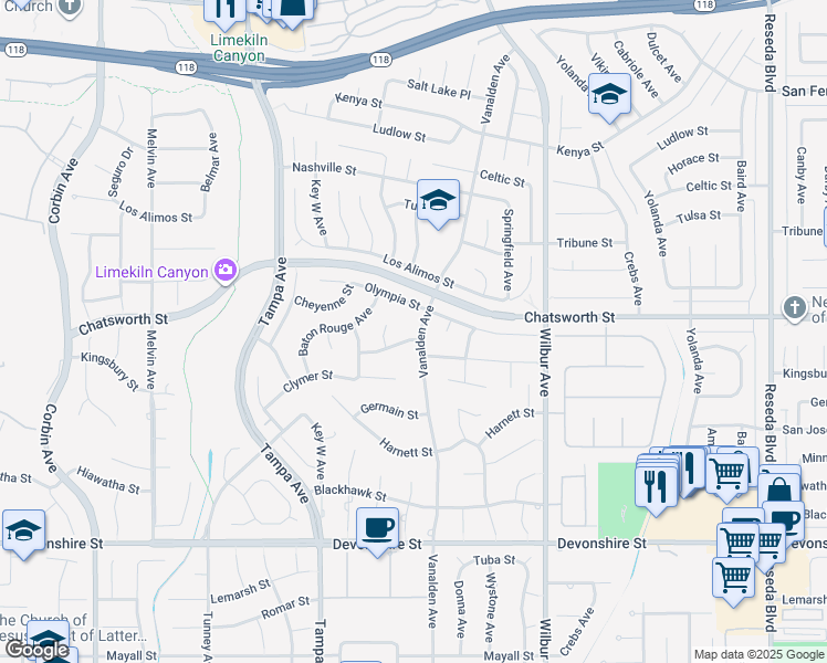 map of restaurants, bars, coffee shops, grocery stores, and more near 10670 Vanalden Avenue in Los Angeles