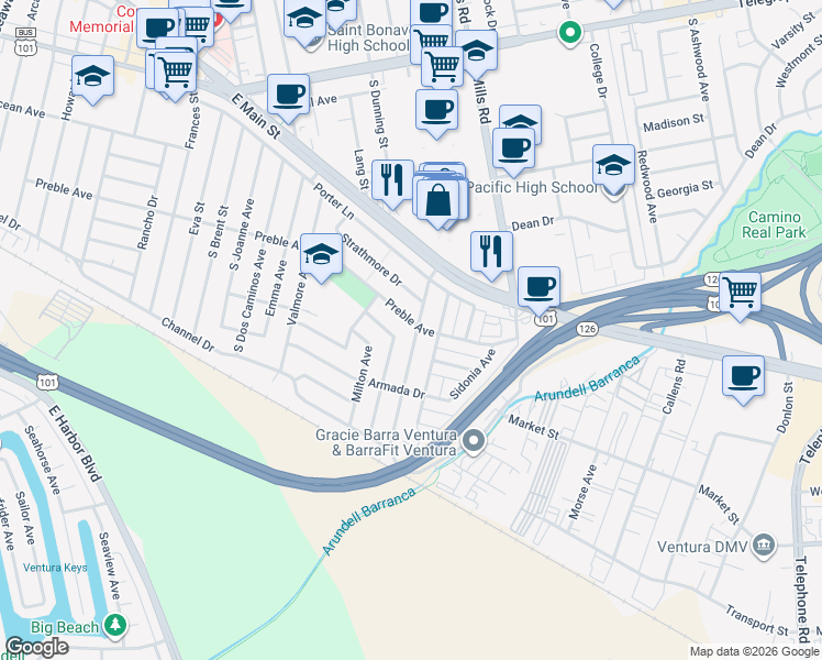 map of restaurants, bars, coffee shops, grocery stores, and more near 701 Lemon Grove Avenue in Ventura