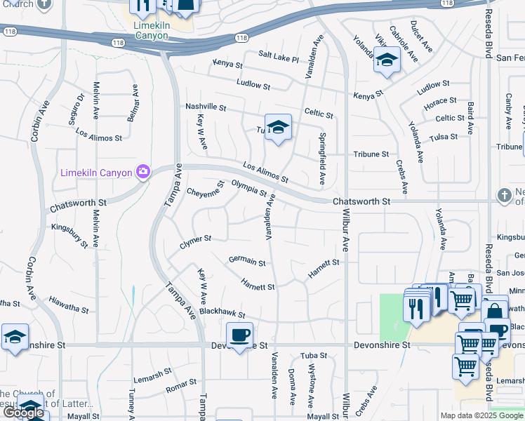 map of restaurants, bars, coffee shops, grocery stores, and more near 19101 Kingsbury Street in Los Angeles