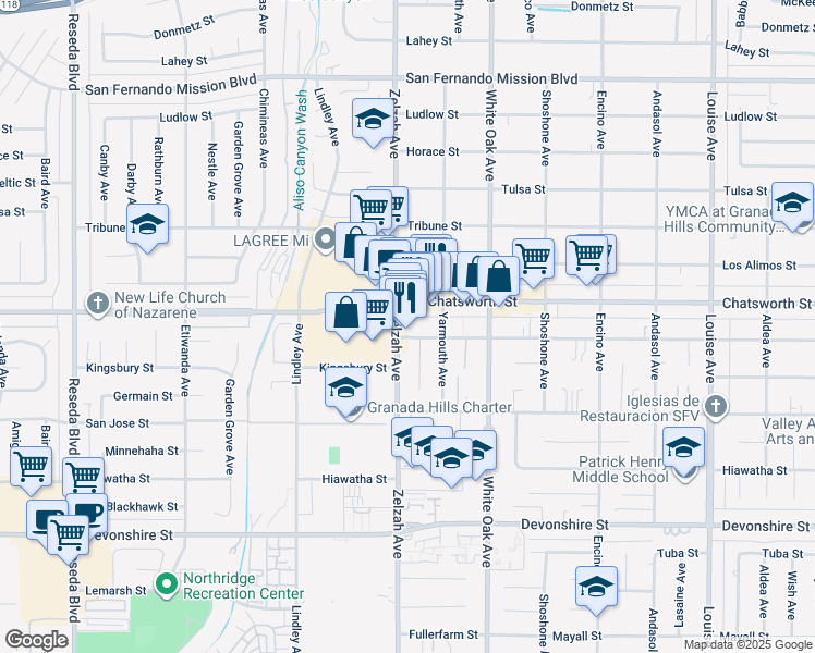 map of restaurants, bars, coffee shops, grocery stores, and more near 10662 Zelzah Avenue in Los Angeles