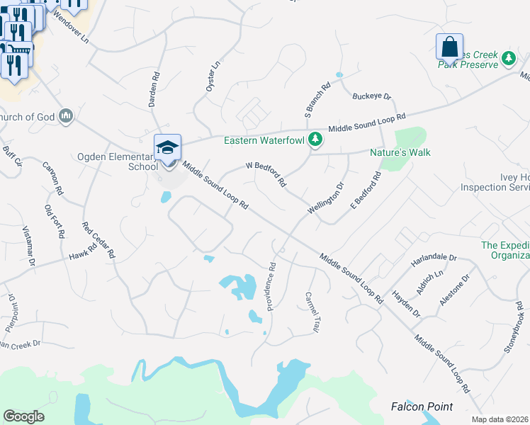 map of restaurants, bars, coffee shops, grocery stores, and more near 3430 Middle Sound Loop Road in Wilmington