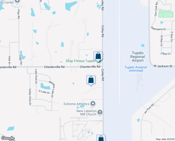 map of restaurants, bars, coffee shops, grocery stores, and more near 4189 Chesterville Road in Tupelo